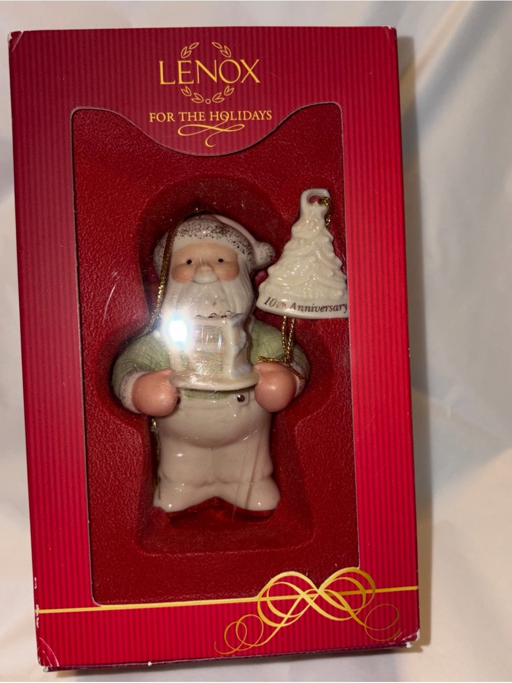Lenox 10th anniversary White and Green Santa Tree Ornament Gold Accents NWTS
